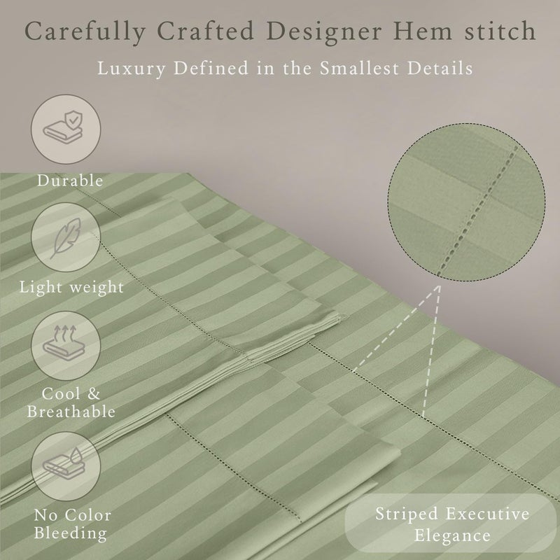 Threadmill 500 Thread Count Twin-XL Size Damask Stripe, 3 Pc Luxury Cotton Sheet Set, Breathable Sage Green Sheets with 15" Elasticized Deep Pocket, 1 Pillowcase & Free Tote Bag - Image 4